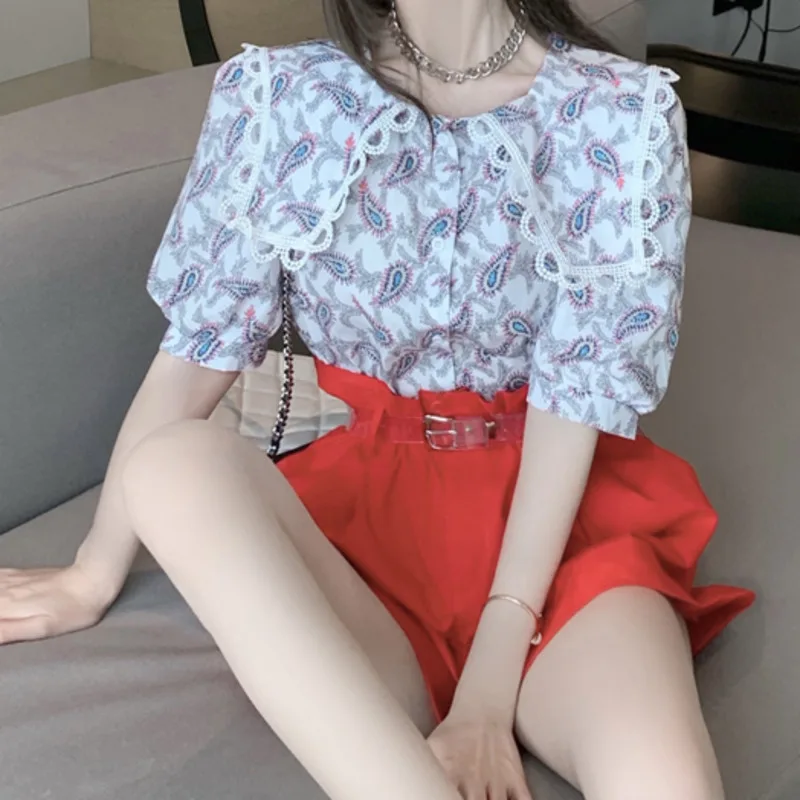 

2021 Summer 2 Piece Sets Womens Outfits Crop Top Navy Baby Collar Floral Printed Short Sleeve Shirt+Floral Bract Wide Leg Shorts