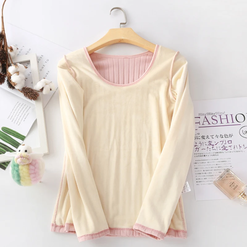 EliFashion New Velvet Thick Winter Round Neck Pit Strip Long-sleeve Bottoming Shirt Thermal Female Underwear Cold Protection Top