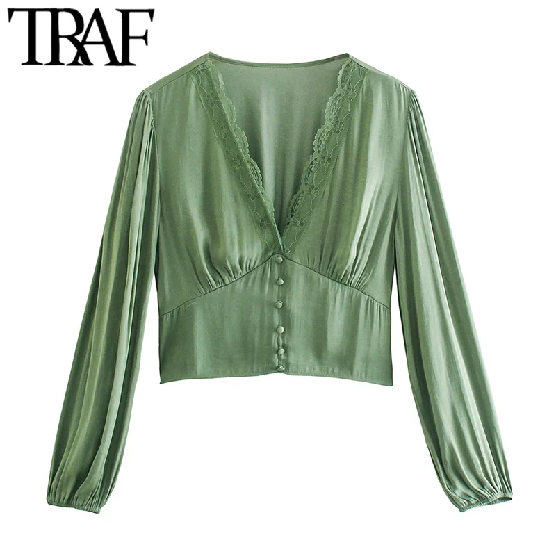 

Блузка женская кружевная с V-образным вырезом и длинным рукавом