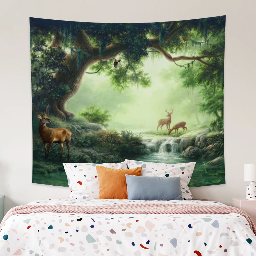 

Laeacco Fashion Tapestry Cartoon Woodland Deer Stream Wall Hangings Chart Bedside Room Festival Wedding Restaurant Shop College