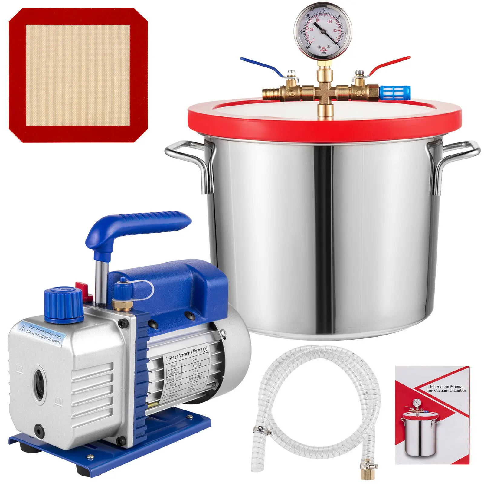 2 Gallon Vacuum Chamber and 3CFM Gauges Tools Single Stage Pump Degassing