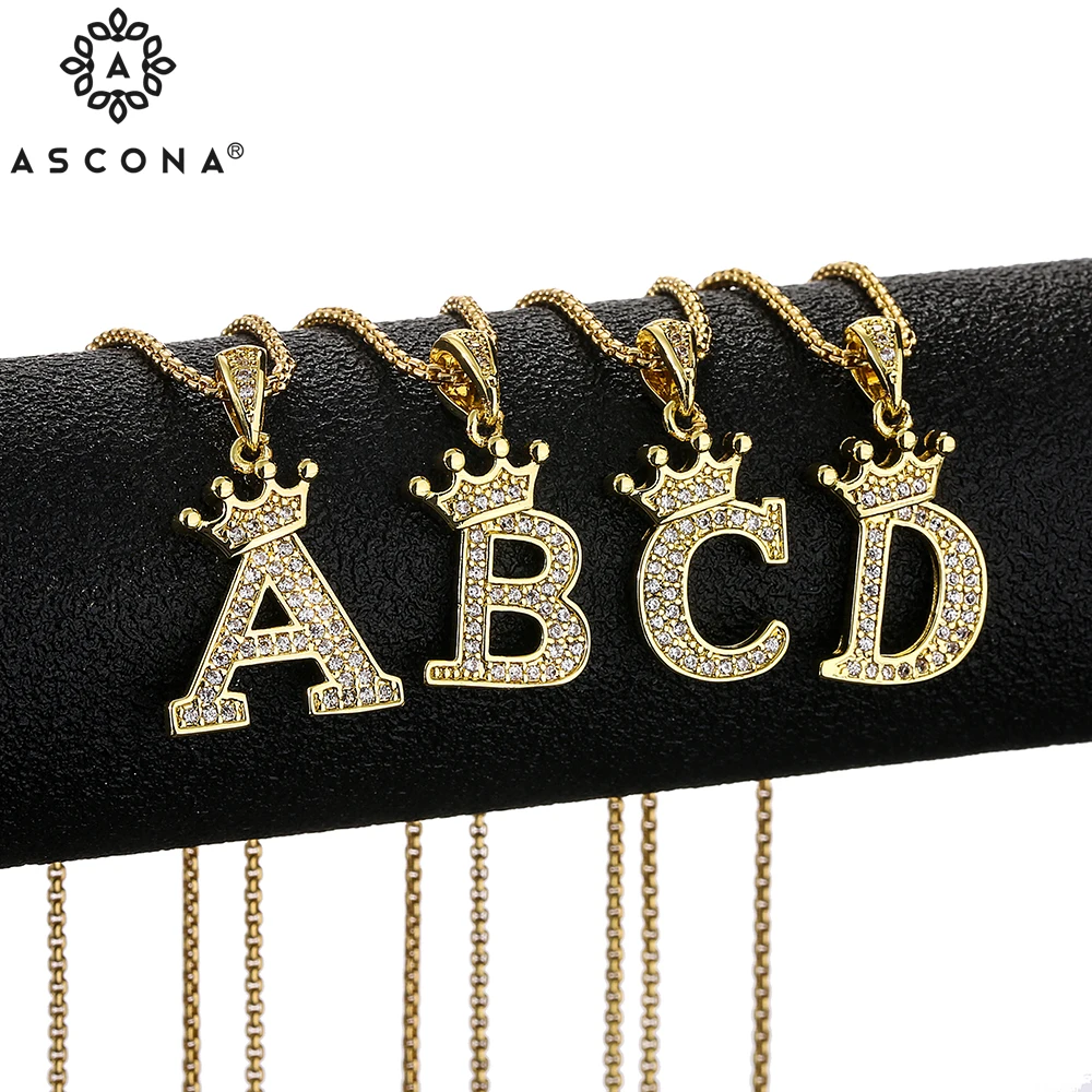

Ascona Necklace Crown Full Cubic Zircon Alphabet Pendants Gold A-Z Letter Pendant Necklace Shinning 26 Initial Collares Jewelry