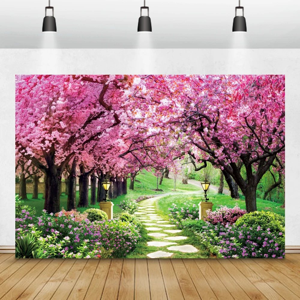 

Laeacco Pink Flowers Cherry Blossom Trees Park Photography Backdrop Stone Road Grass Light Photocall Background For Photo Studio
