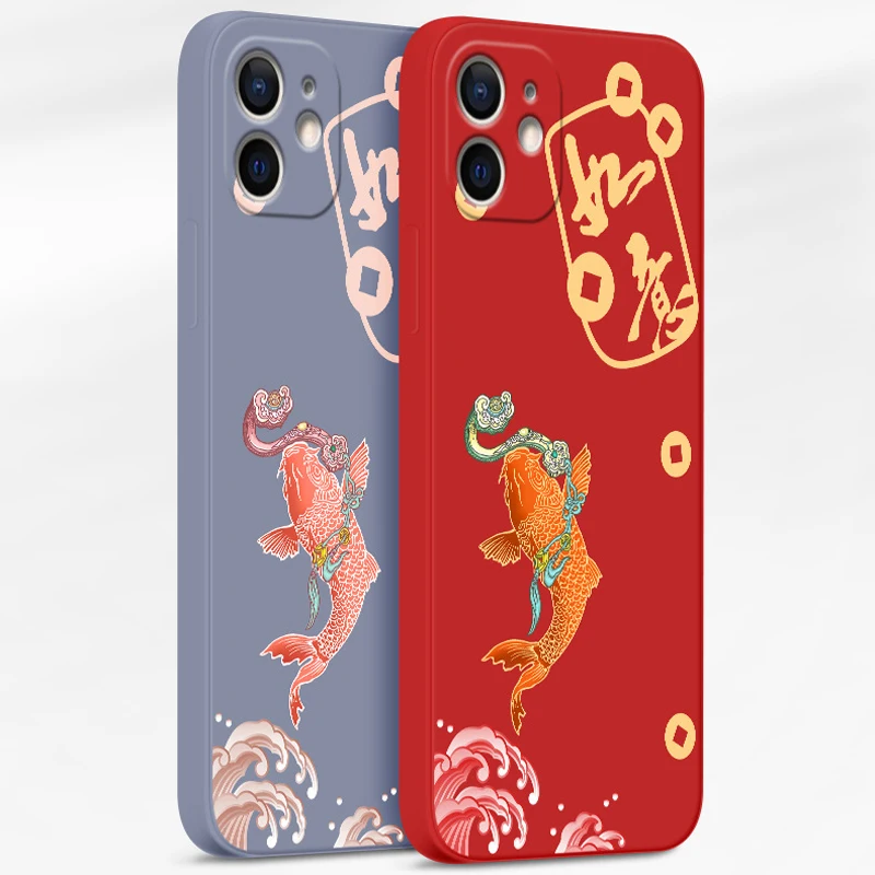 

China Style Koi Fish Phone Case For iPhone X XS XR 11 12 13 14 Pro MAX 6 7 8Plus Capa Back Covers Liquid Silica Gel Phone Cases