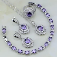 purple cubic zirconia white crystal 925 sterling silver jewelry sets for women wedding earringspendantnecklacebraceletring