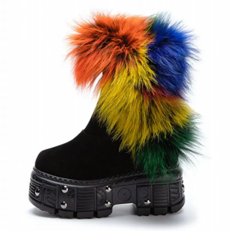 

Women Multicolor Big Fur Suede Leather Winter Snow Ankle Boots Platform Wedge High Heels Round Toe Oxfords Casual Party Shoes