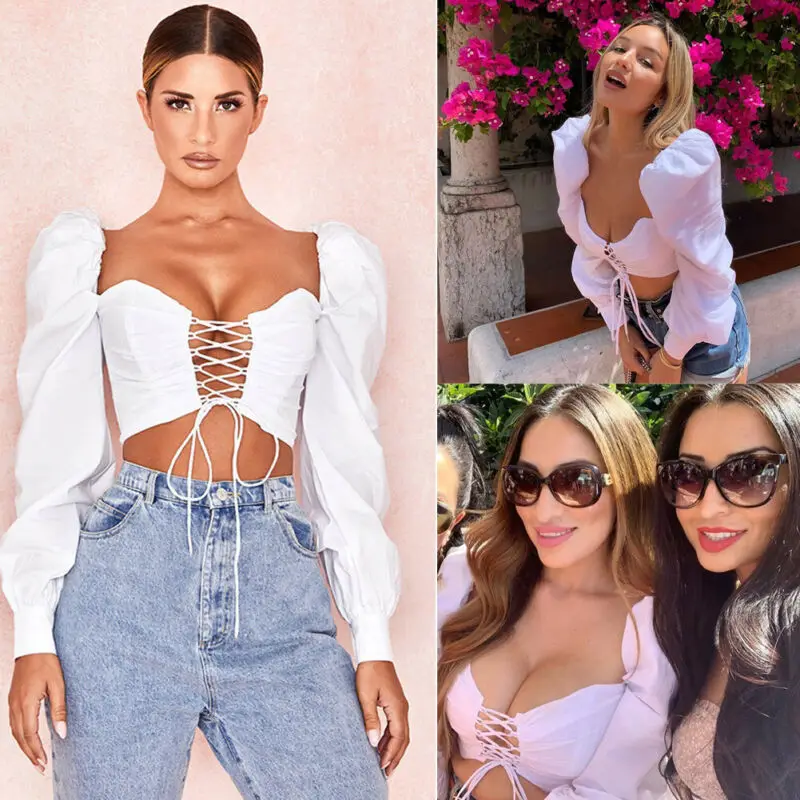 Женские пикантные топы с квадратным вырезом блузка длинными рукавами-фонариками