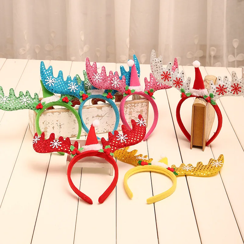 Блестками Санта Клаус Рождество вечерние Декор модный оленьи рога лента для