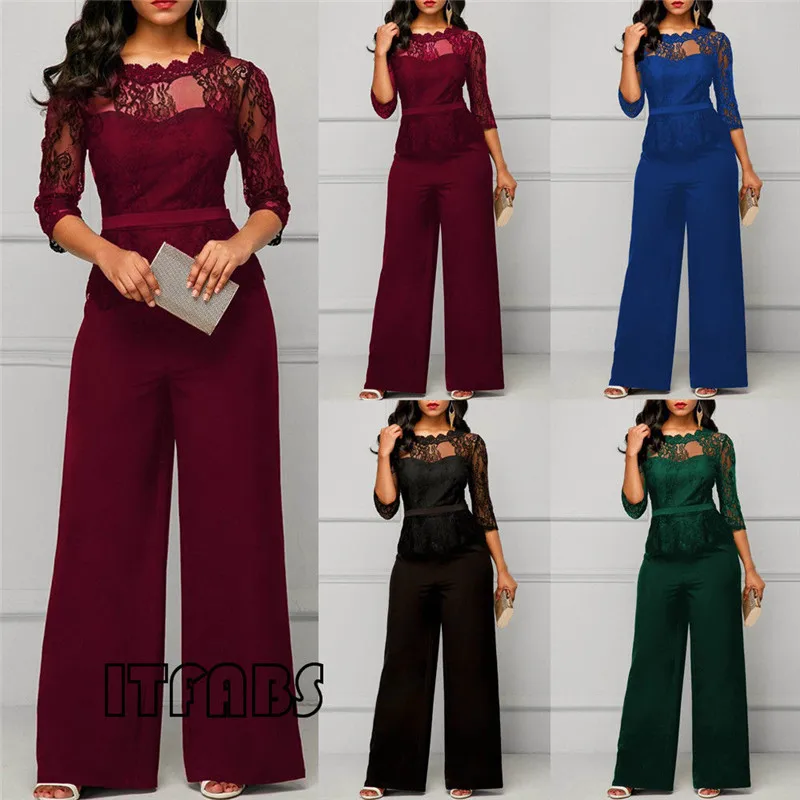

New Trendy Women clothes Bodycon round neck lace Geometry Jumpsuit three quarters sleeve Polyester Romper one pieces