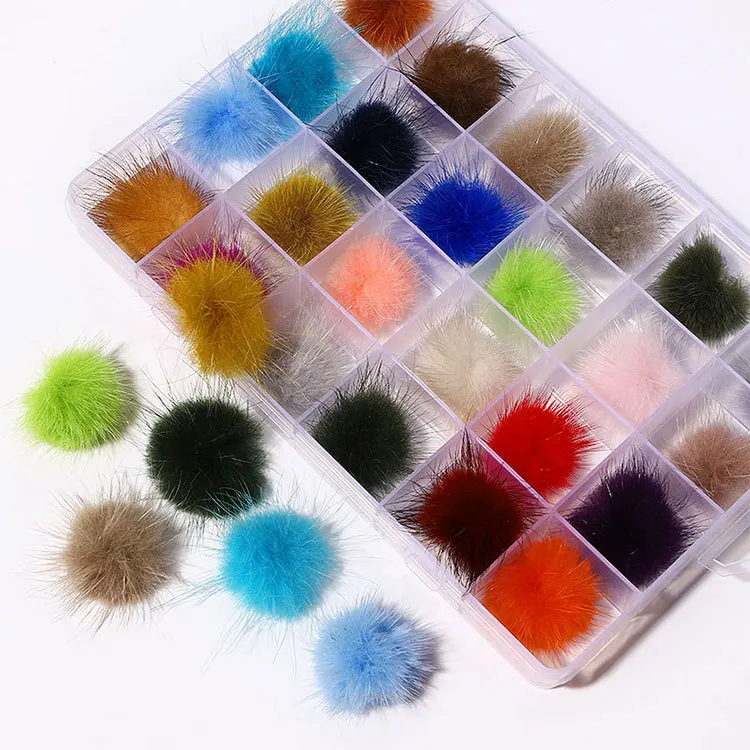

24Pcs/Box Nail Pom Kit Detachable Mink Cute Fluffy Plush Ball Rhinestones With Magnetic Base Nail Tips Decorate Nail Art Tool