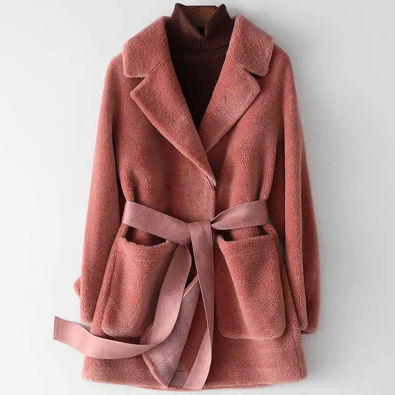 

2021 Fashion Autumn Women High quality Wool fur leather coat Hot Chic pockets belt Wool coat C560
