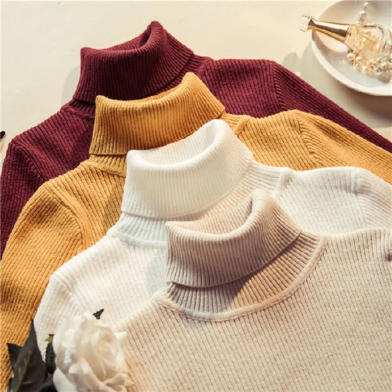 

JMPRS Turtleneck Women Knitted Pullover Sweater Autumn Long Sleeve Ladies Jumper Top Casual Winter Korean Slim Basic Blouse