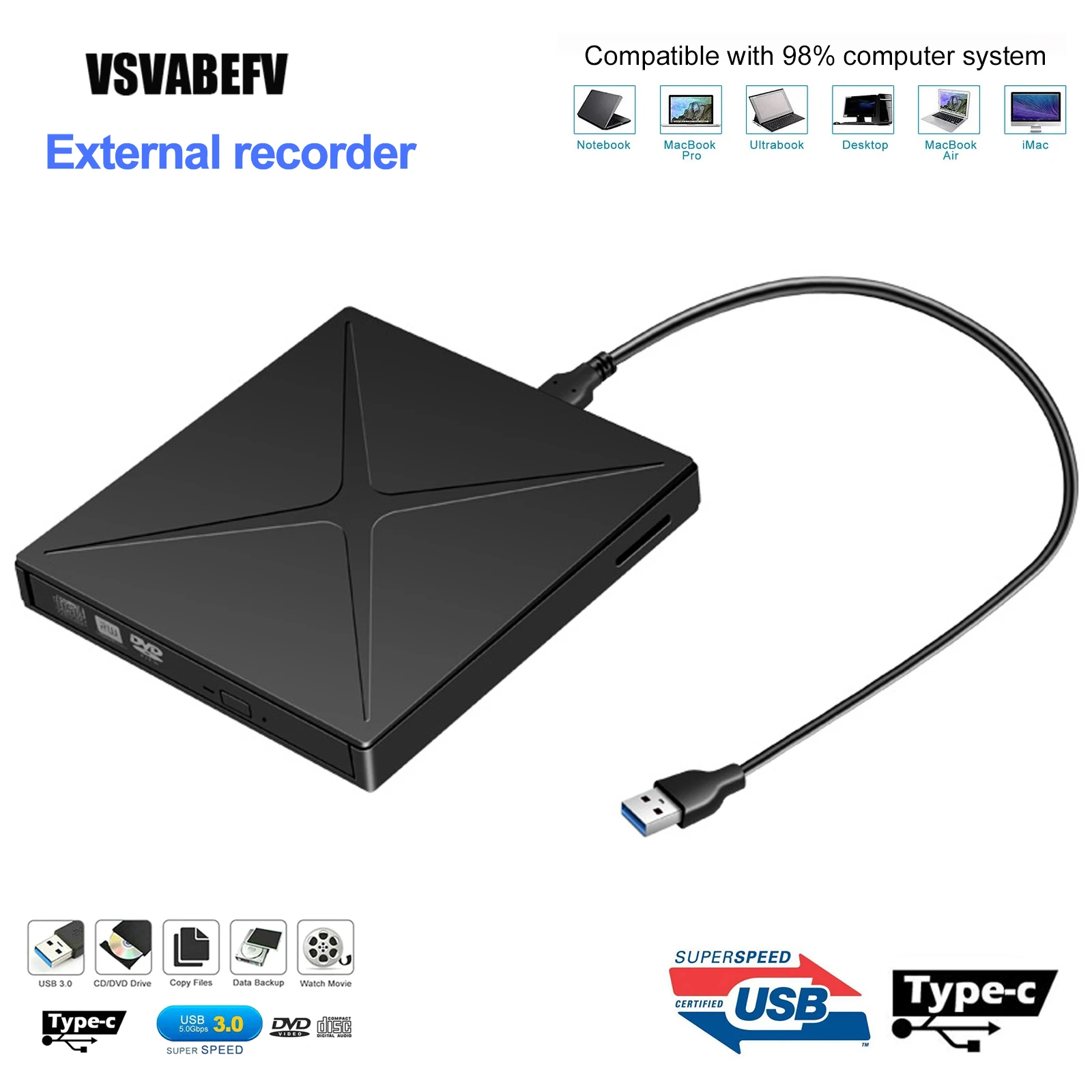 VAVABEFV DVD-RW горелка дисковый драйвер аппаратные средства USB3.0 Внешний писатель