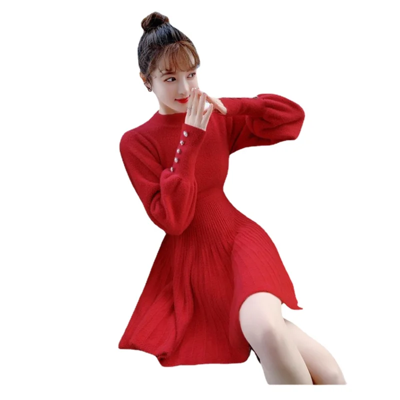 

Женское трикотажное мини-платье с круглым вырезом, свободное короткое платье-трапеция с круглым вырезом, Осень-зима 2021