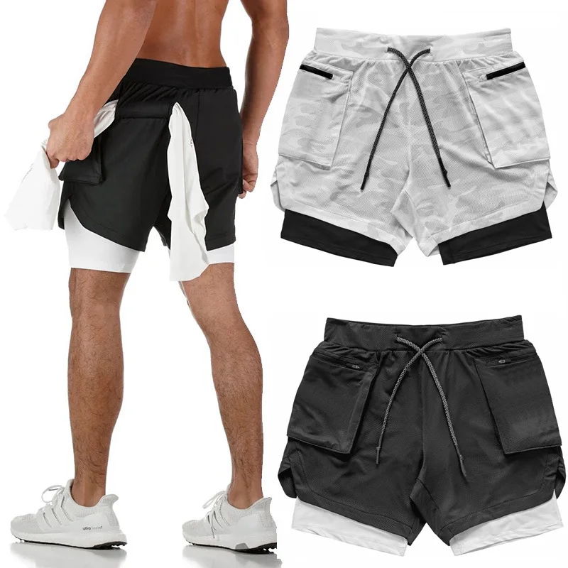 

Men's 2 in 1 shorts training Running Training Gym Shorts with towel ring Multi Pocket outdoor cycling sports double layer shorts