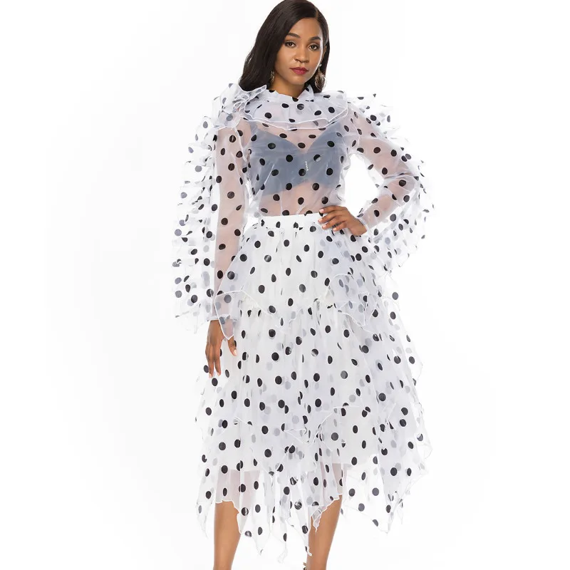 Женский комплект из двух предметов блузка органзы в горошек необычная юбка миди