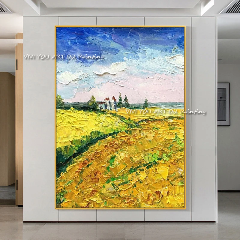 

The Hot Sales Country View Village Sky Original Abstract Modern Thick Oil Painting Canvas Handpainted Textured Yellow Drawing