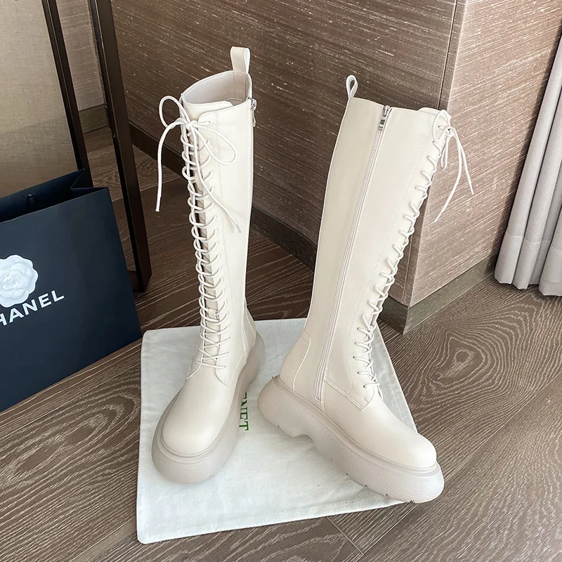 Женские ботфорты на платформе Pofulove черные кожаные сапоги до колена модные для