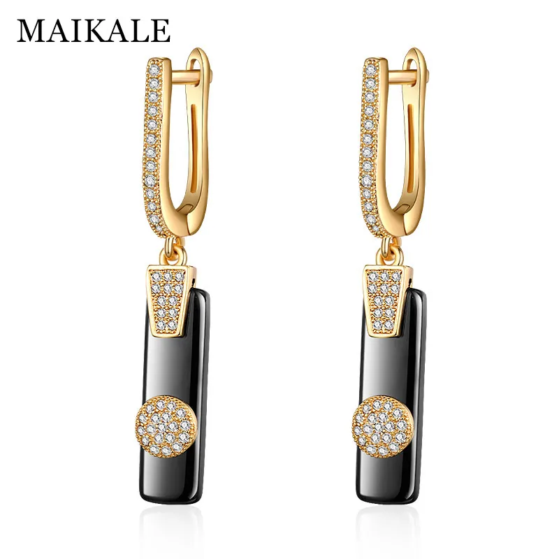gold black MAIKALE, трендовые циркониевые керамические Висячие серьги для женщин, кубический цирконий, золото, серебро, сплав, Полоска, очаровательные серьги, новая мода, ювелирное изделие - Окраска металла: gold black