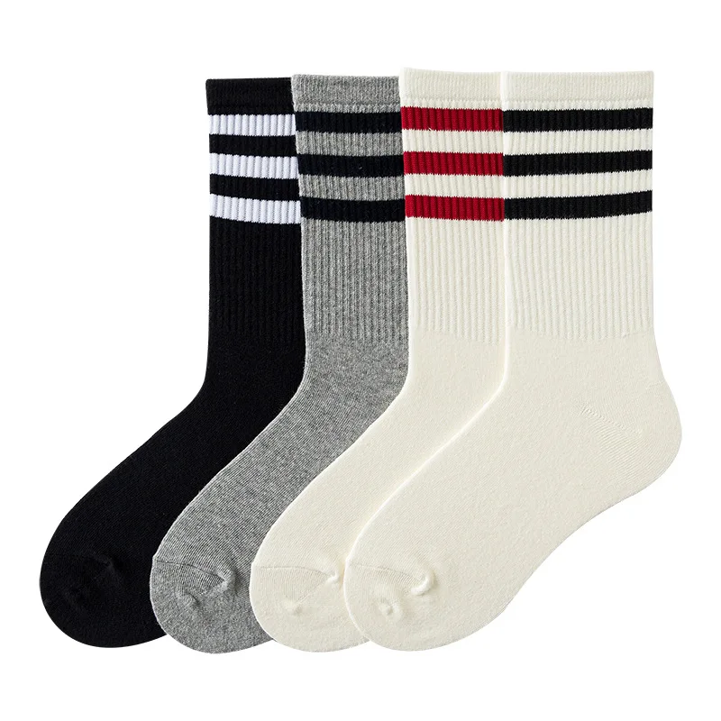 

New socks men's simple and simple striped mid-tube sports socks European and American three-bar trendy socks
