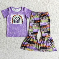 halloween toddler girls purple short sleeve rainbow ghost shirt baby kids letters leopard bell bottom clothes boutique