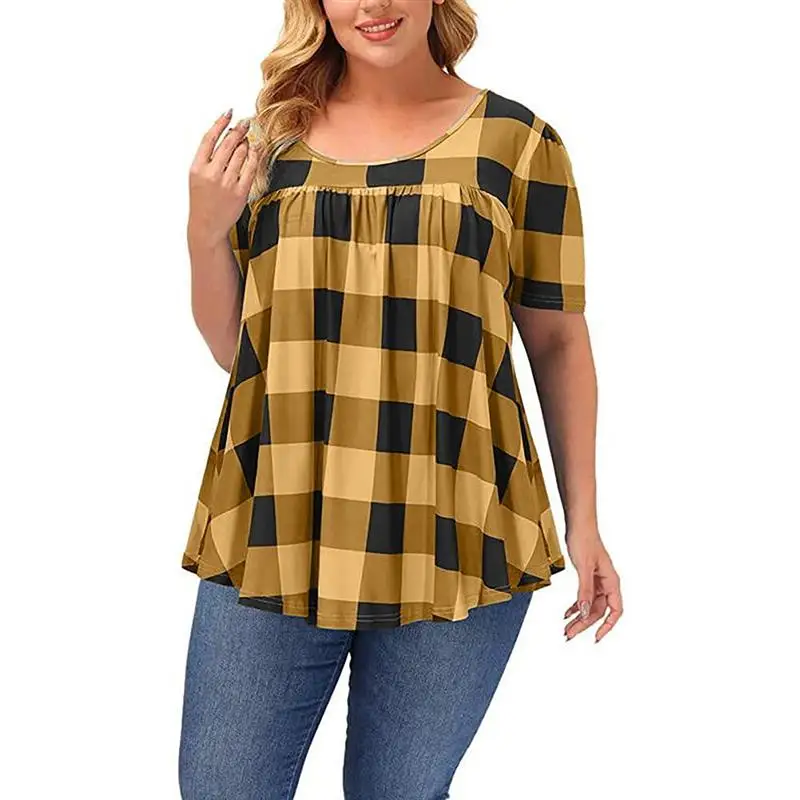 

5XL Plus Size Floral O-Neck Shirt Summer Women Casual Plaid Print Pullover Tops Lattice Short Sleeves T-Shirt Loose Blouse Shirt