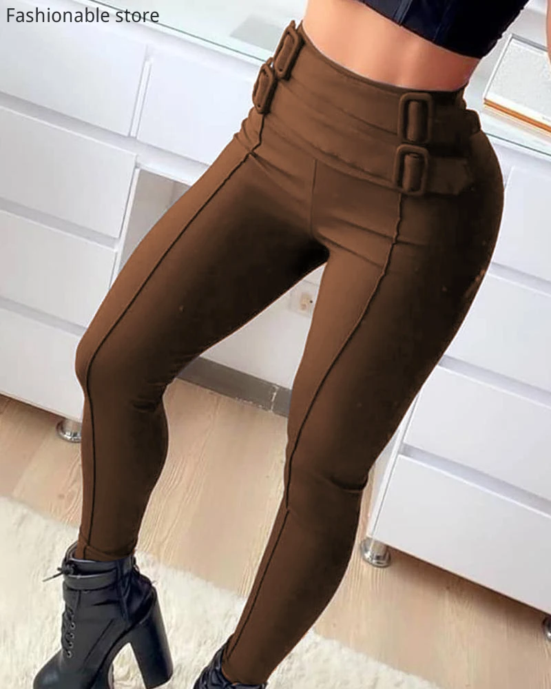 

Women High Waist Skinny Trousers with Belt Sexy Solid Color Pencil Pants