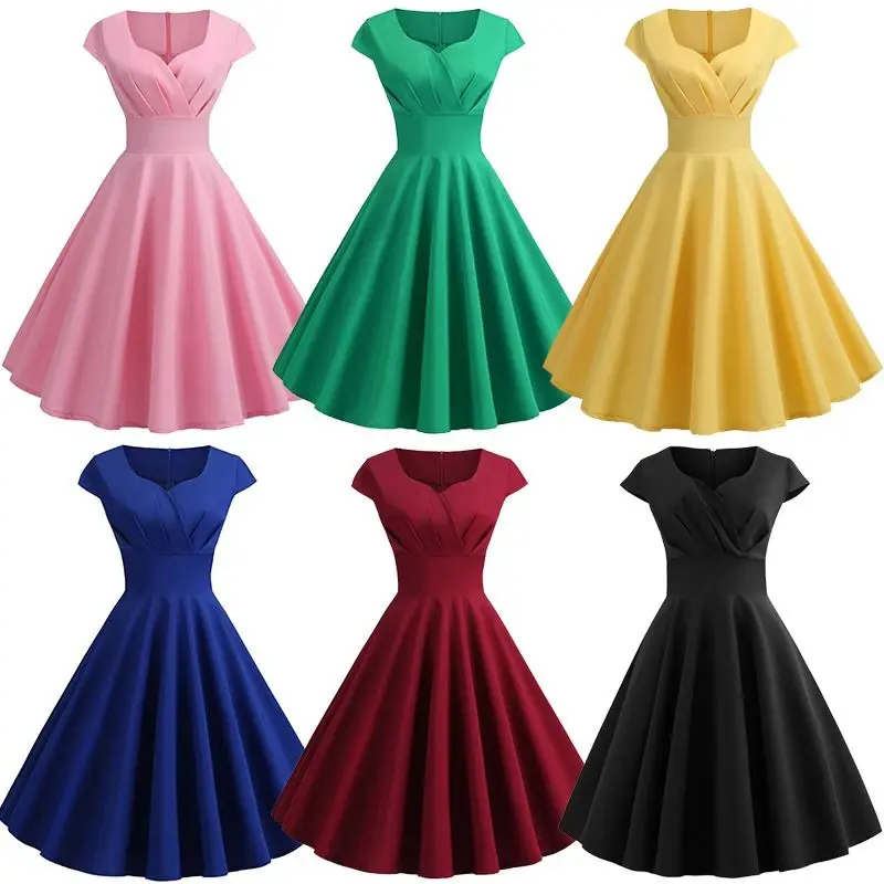 

vestidos summer new style European and American complex small V-neck short-sleeved solid color dress skirt dress skirt
