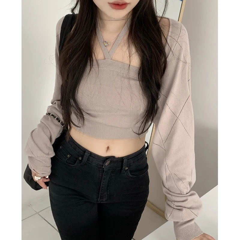 

2 шт./комплект, Женский трикотажный свитер с длинным рукавом и майка