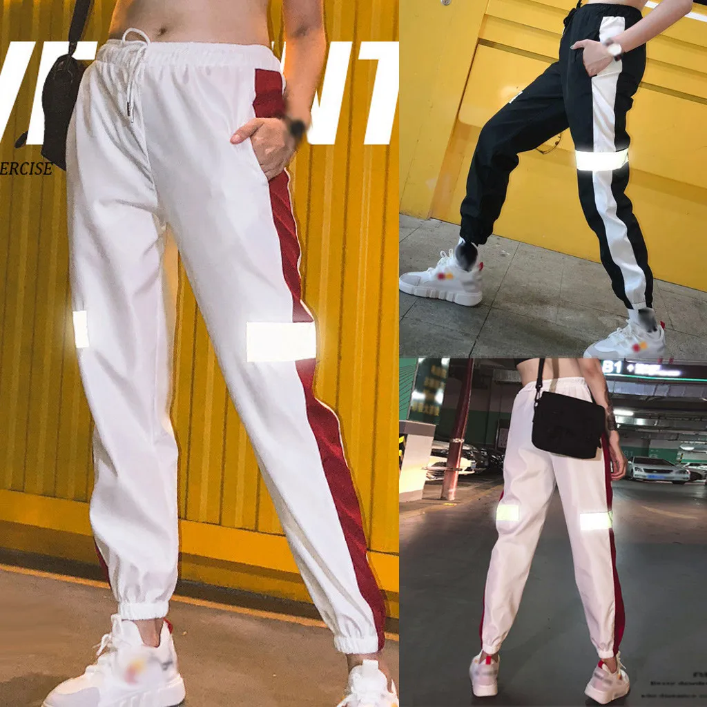 Бесплатная Страусиные брюки женские светоотражающие полосы сшитые ремень