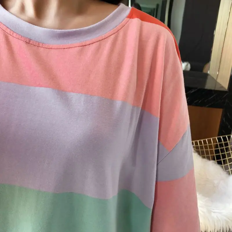 Autumn Winter Ladies Rainbow Striped Loose Long Nightdress Home O Collar Long-sleeved | Женская одежда