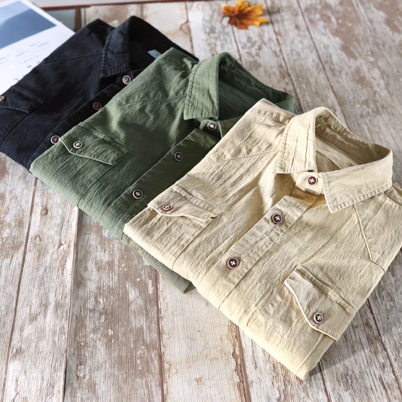 Длинные мужские повседневные рубашки с карманами хаки армейский зеленый черный