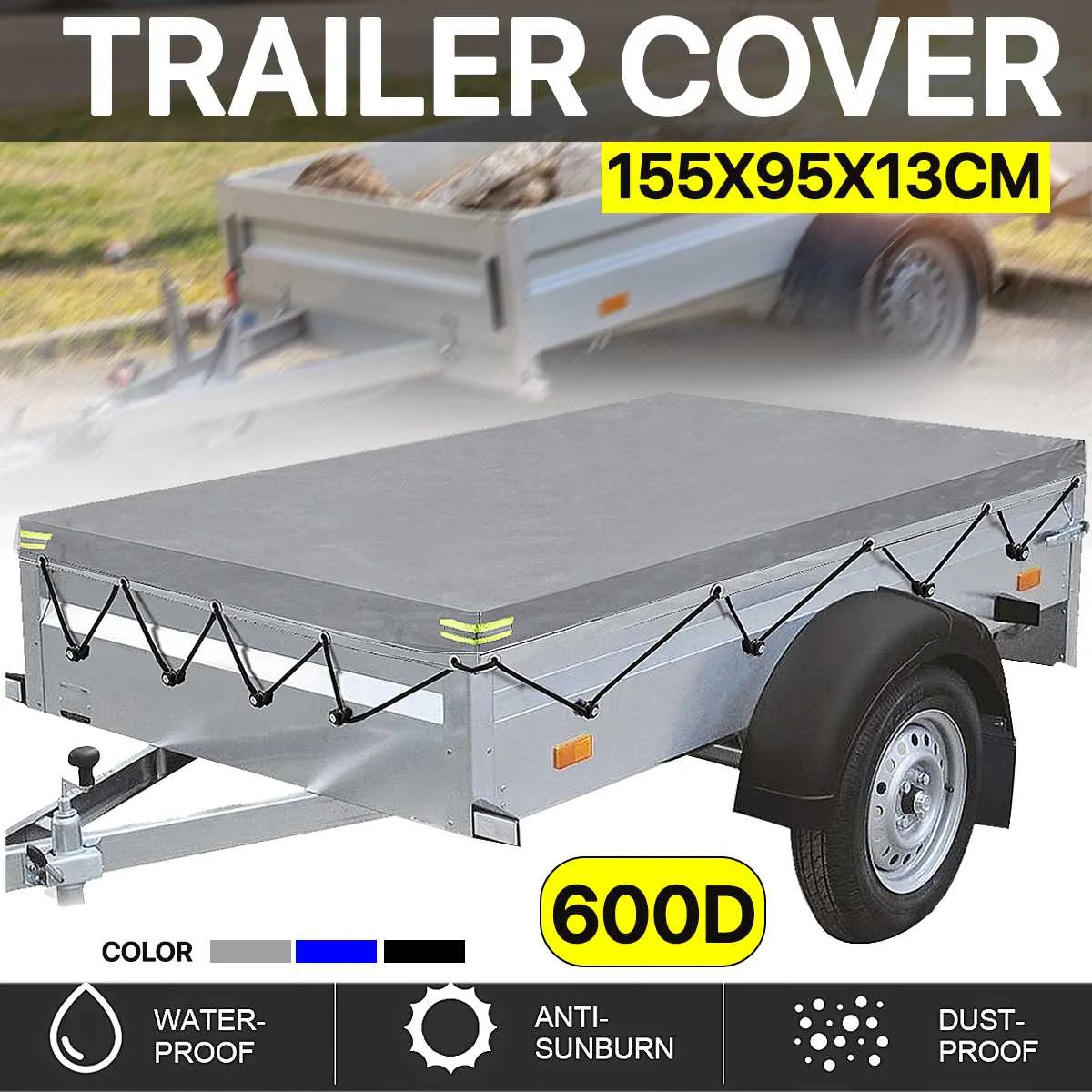 

600D 155x95x13cm Universal Trailer Car Cover Foldable Dustproof Waterproof Anti UV Sunscreen Snow Cover with Reflective Strip