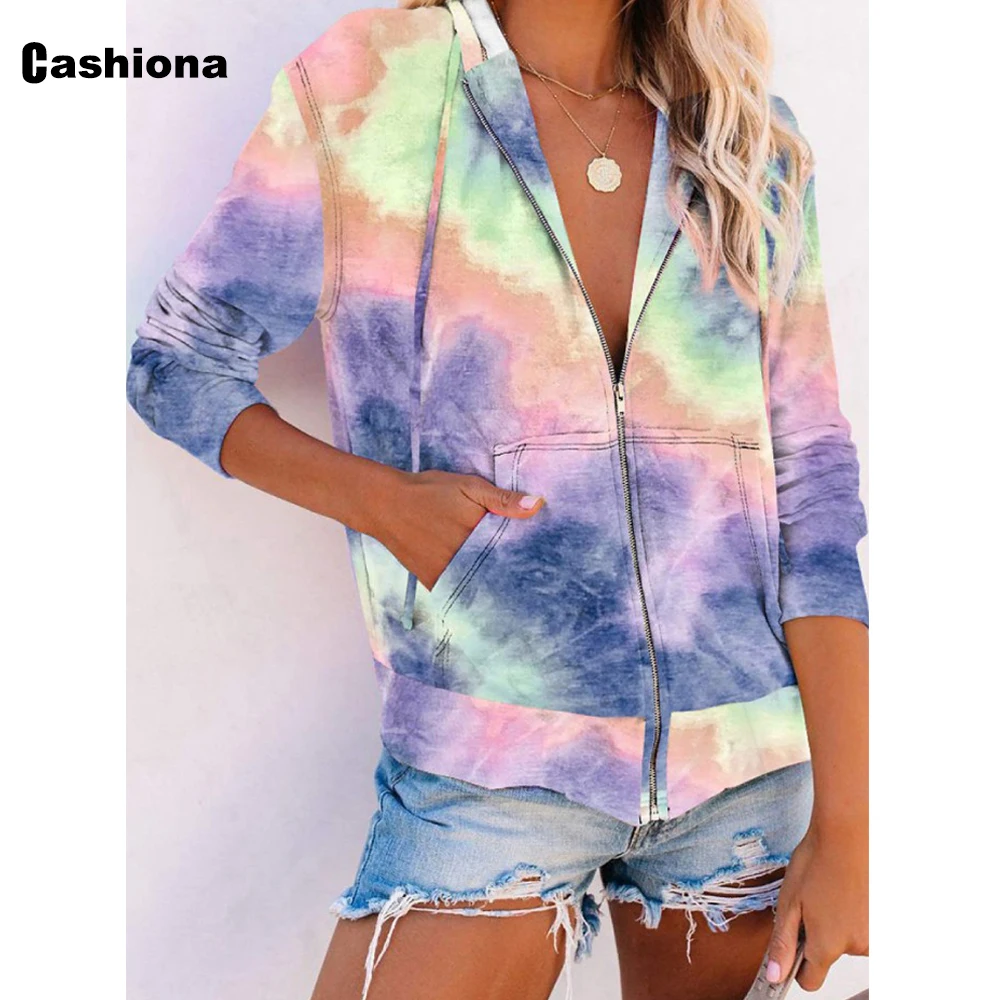 

2020 New Fashion tie dry Hoodie sweatshirts Autumn Long sleeve Ladies Zipper Pullovers Casual Loose Hooded Tops Streetwear Femme