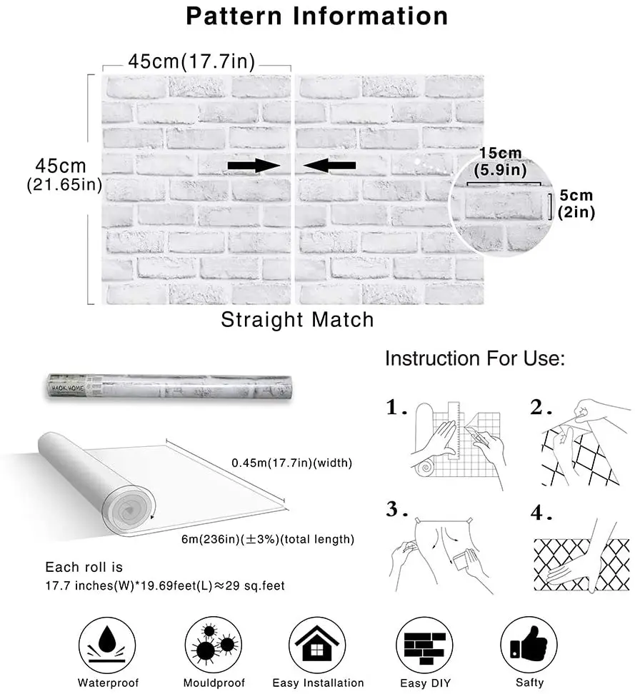 HaoHome белая/серая самоклеящаяся бумага для стен из искусственного кирпича, декоративные обои для ванной комнаты