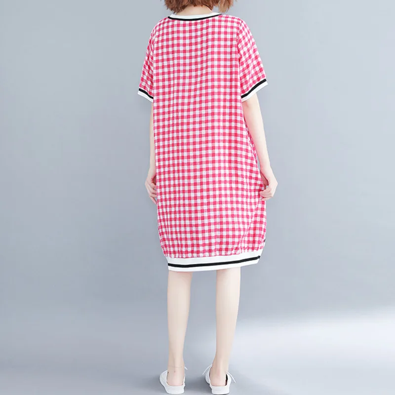 #0110 летнее повседневное красное/синее клетчатое платье женское свободное