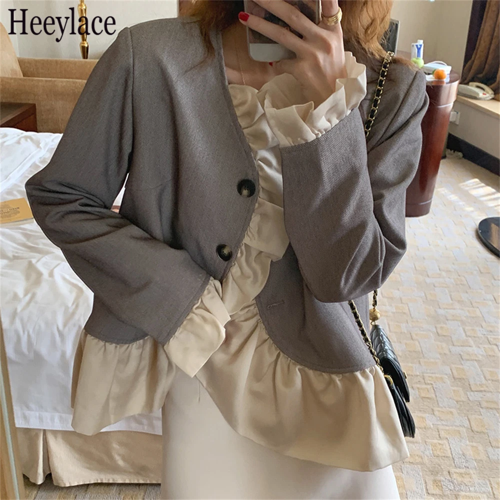 

Женский блейзер с оборками, повседневный офисный блейзер в стиле пэчворк для девушек, 2021