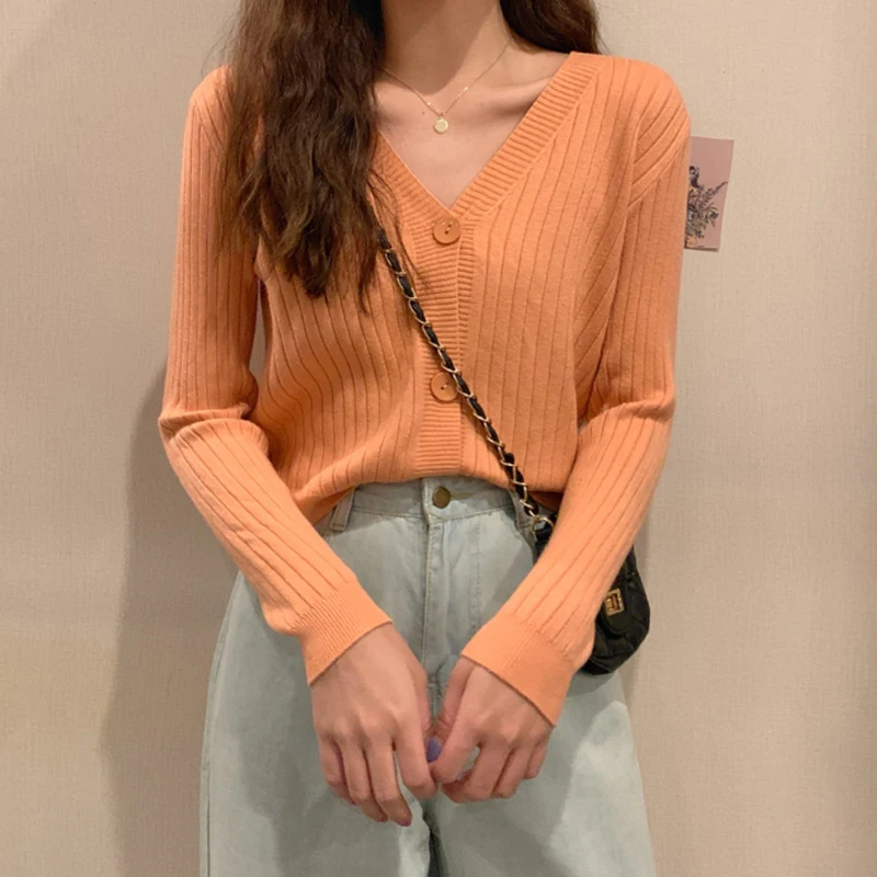 

LJSXLS Women Sweater Spring Autumn V-Neck Long Sleeve Top Knitted Cardigan Women Solid All-match Open Stitch Sueters De Mujer