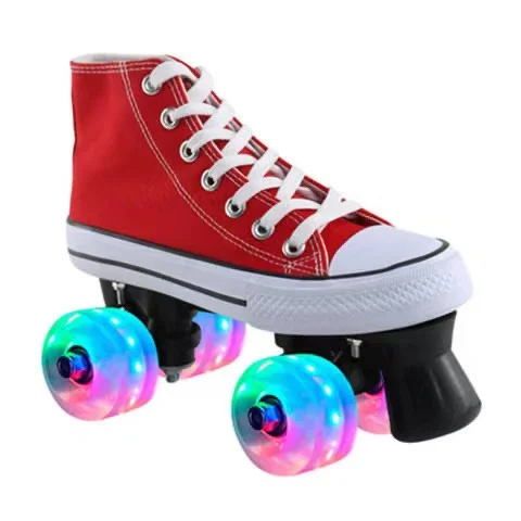 

Professional Adult Quad Skates Double Row Roller Skates Unisex Canvas Shoes For Lovers Two Line Flashing Wheels Patines