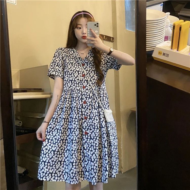 Корейское летнее однотонное платье с цветочным принтом и короткими рукавами |
