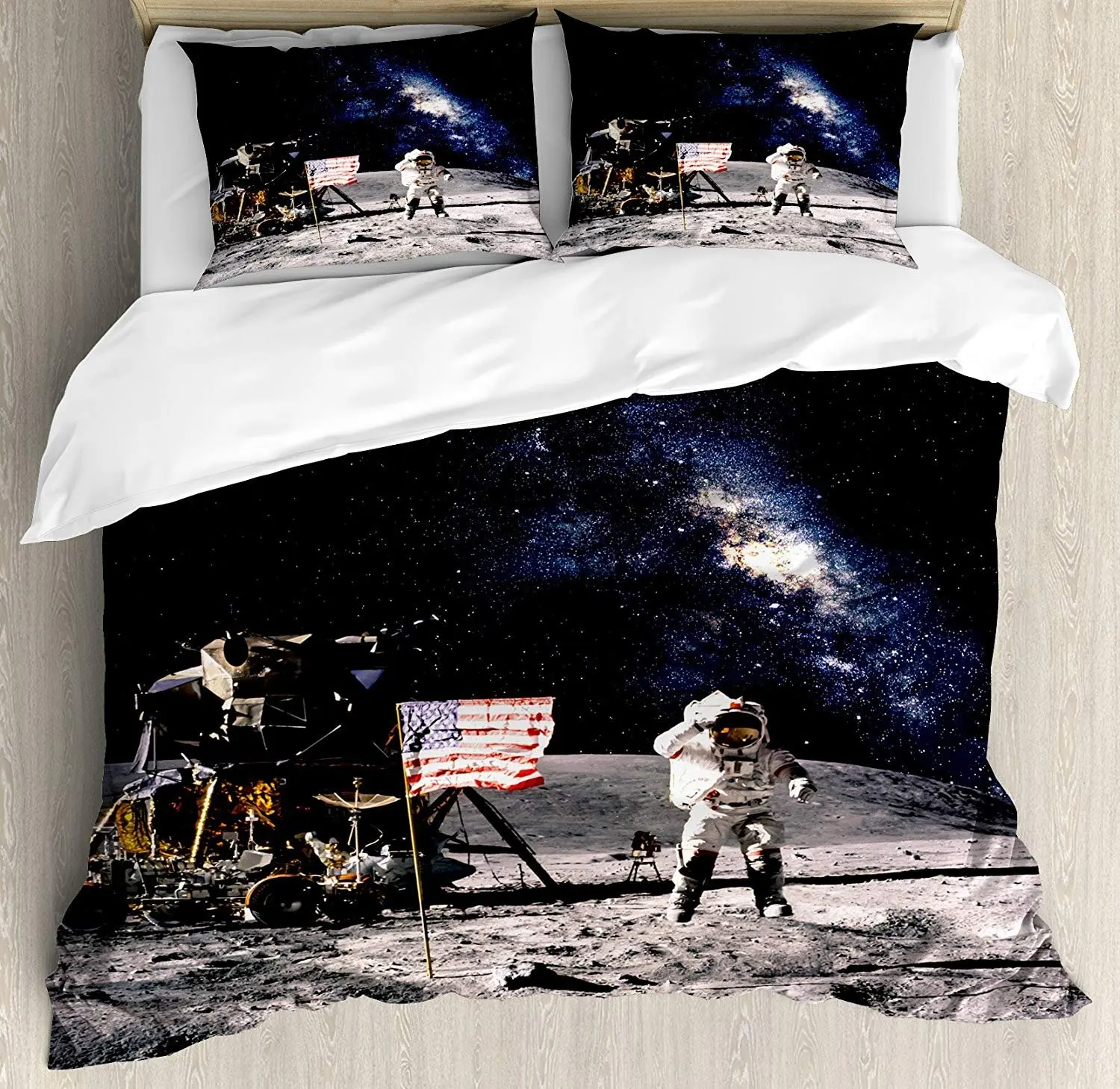 

Galaxy Bedding Set Astronaut on Rocky Surface of Moon American Flag USA Rocket Traveling Space Art Duvet Cover Pillowcase