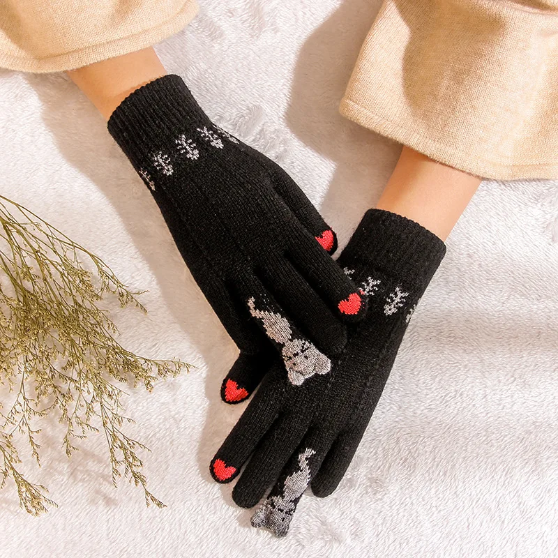 

Winter Women Warm Stretch Knit Touch Screen Glove Female Jacquard Cartoon Cat Plus Plush Thick Double Layer Driving Mitten I93