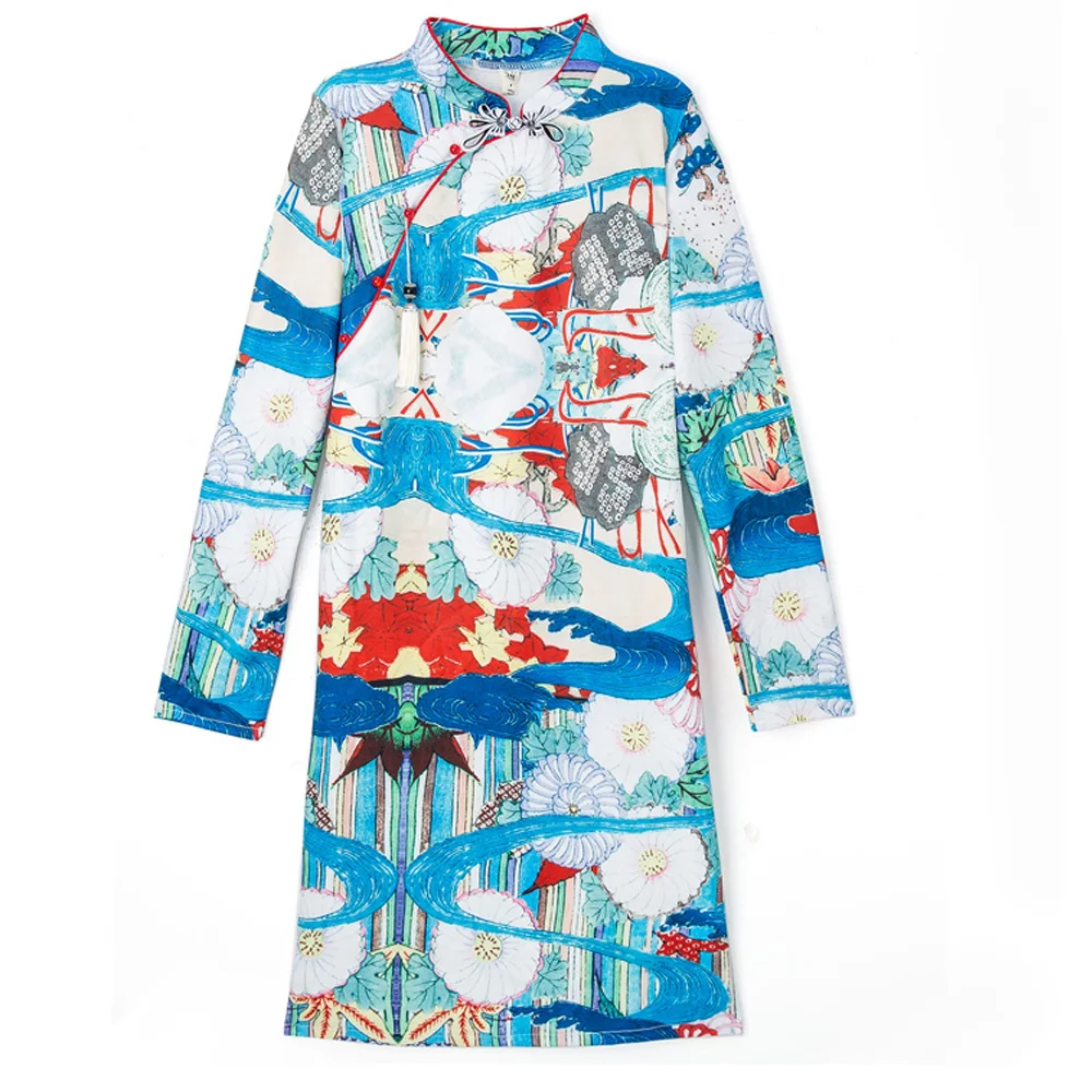 

2020 Spring Summer Floral Print Sweet Improved Cheongsams Traditional Chinese Style Dress Fashion Qi Pao Blue Dress Qipao Short