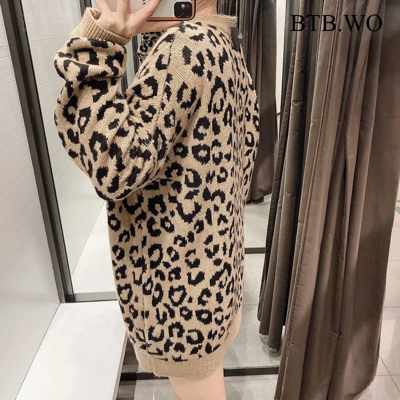 

BTB.WO Za Women 2021 Casual Leopard Printed Cardigan Sweater Women Batwing Sleeve Loose Female Outerwear Chic Tops