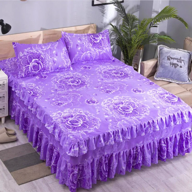 

New Simple Style Home Bedroom Wedding Bed Skirt 3pcs Set Bedding 1 Bed Skirt+2 Pillowcase Non-Slip King/Queen Size 2021 J8412
