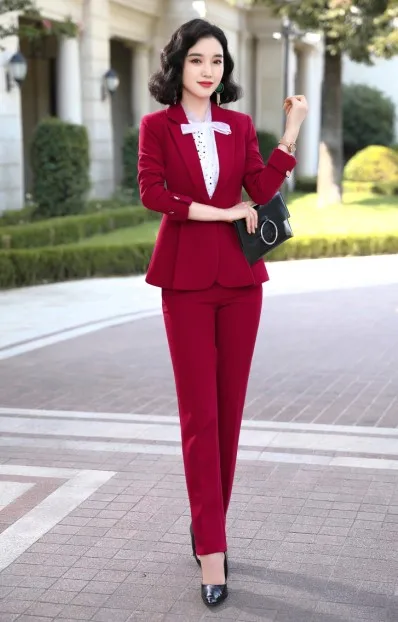 Wine red coat pants Новые модные женские брюки костюмы OL Бизнес Формальные с длинным рукавом Тонкий Блейзер и брюки Офис Дамы интервью Рабочая одежда - Цвет: Wine red coat pants