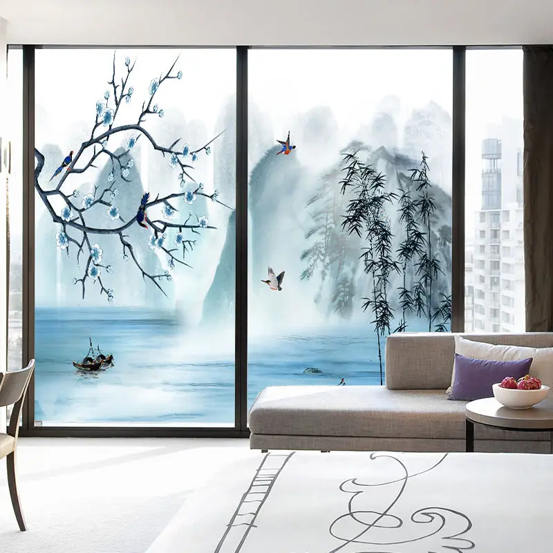 

Chinese style living room bedroom window glass sticker bathroom bathroom electrostatic grinding glue free glass sticker