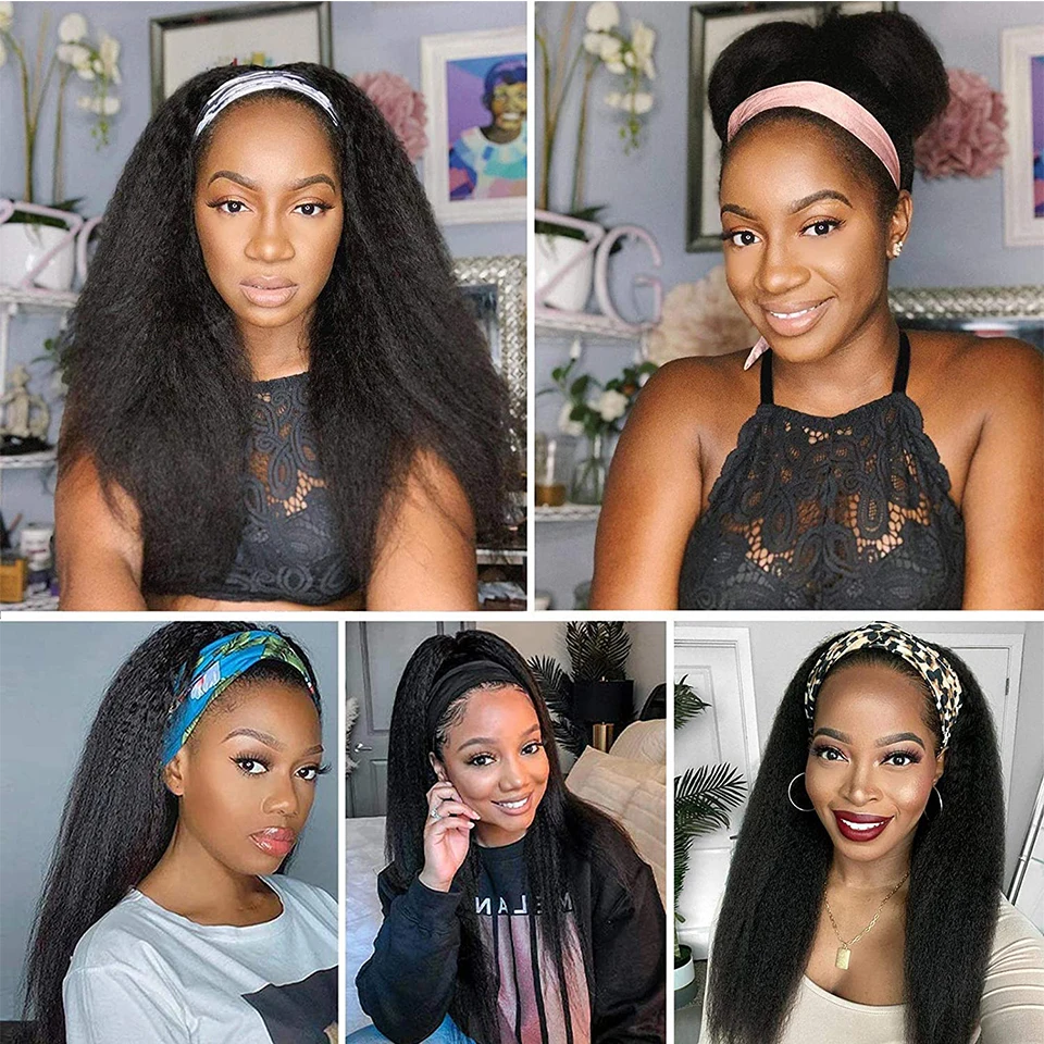

AISI HAIR Kinky Straight Headband Synthetic Wig Yaki Straight Wig for Black Women with Attached Velvet Headband