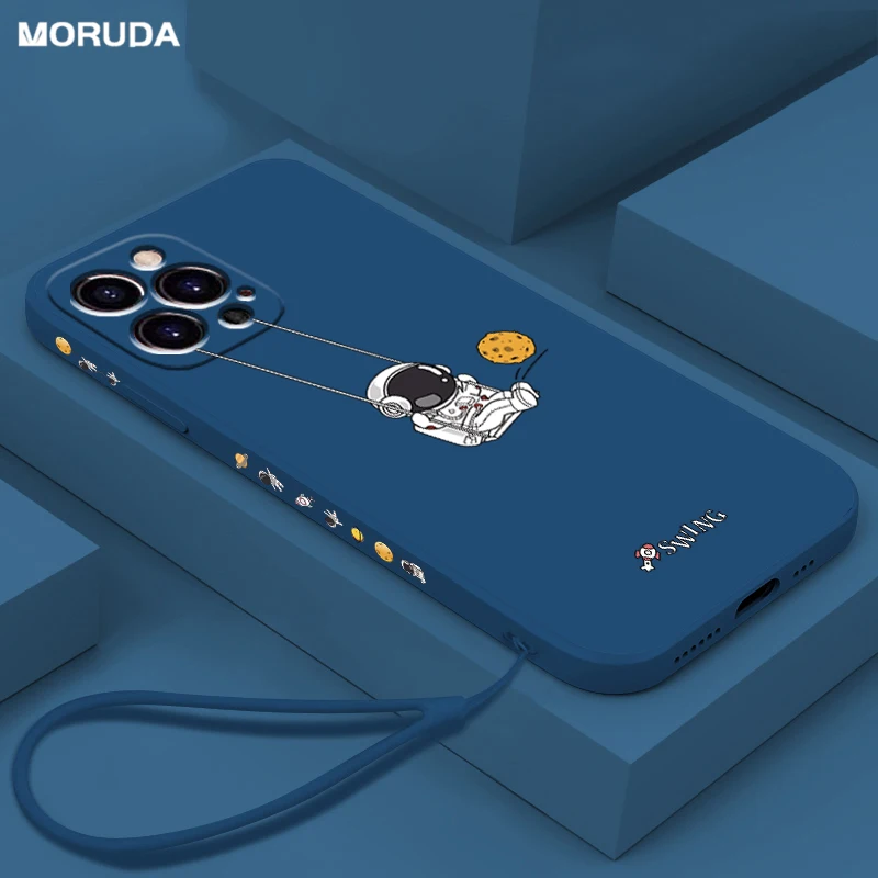 

Cartoon Swing Astronaut Phone Case for iPhone 13 12 11 Pro Max X Xr Xs Max 8 7 Plus 13 Mini Liquid Silicone Cover Hand Lanyard