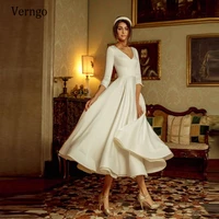 verngo vintage ivory silk satin a line short wedding dress 23 long sleeves v neck beach country tea length bridal dresses